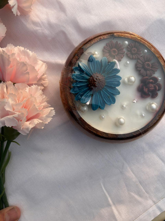 Bowl Candle - Brown Blue Flowers